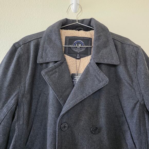 Urban Republic Charcoal Peacoat Jacket Sherpa Lined Double Breasted Men Size L - Picture 2 of 13